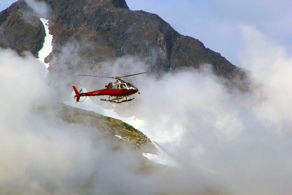 Helicopter ride on an icy mountain in Alaska