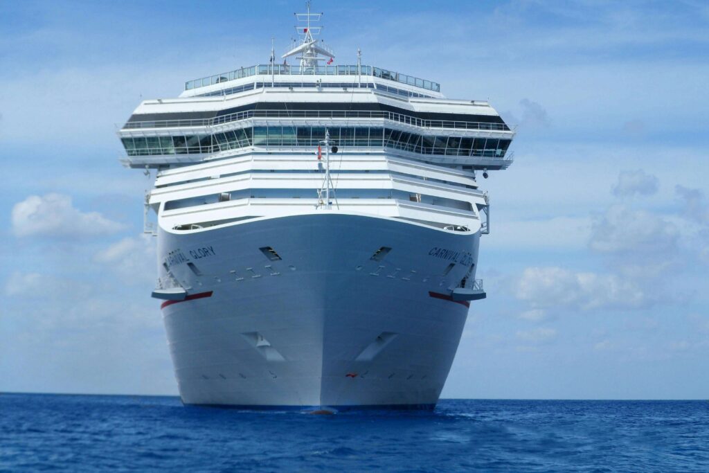 front view of a white cruise ship